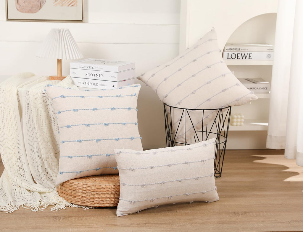 Nuyecy Set Of 2 Boho Throw Pillow Covers 30X30,Light Blue And White Neutral Couch Pillow Case With Tassel Fringe Decorative,Mode
