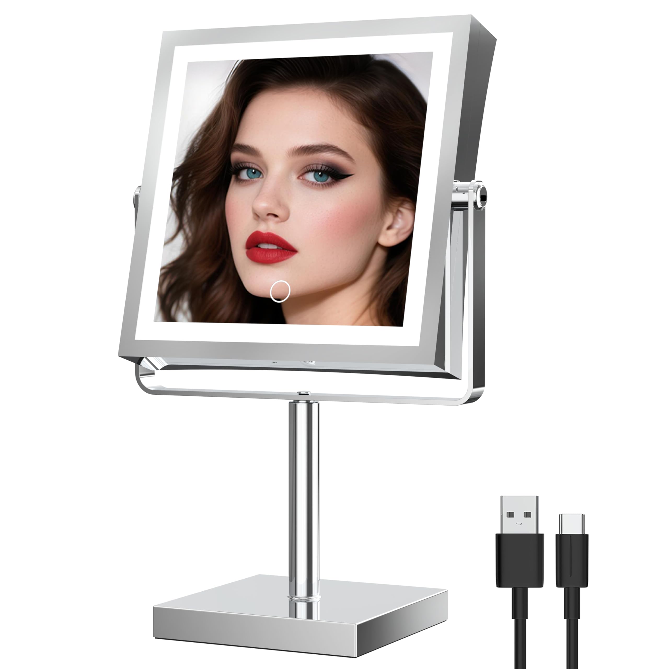 Ruacq Rechargeable Makeup Mirror, 4000mAh Lighted Makeup Mirror with Magnification 1X/10X, Height Adjustable Vanity Mirror with 