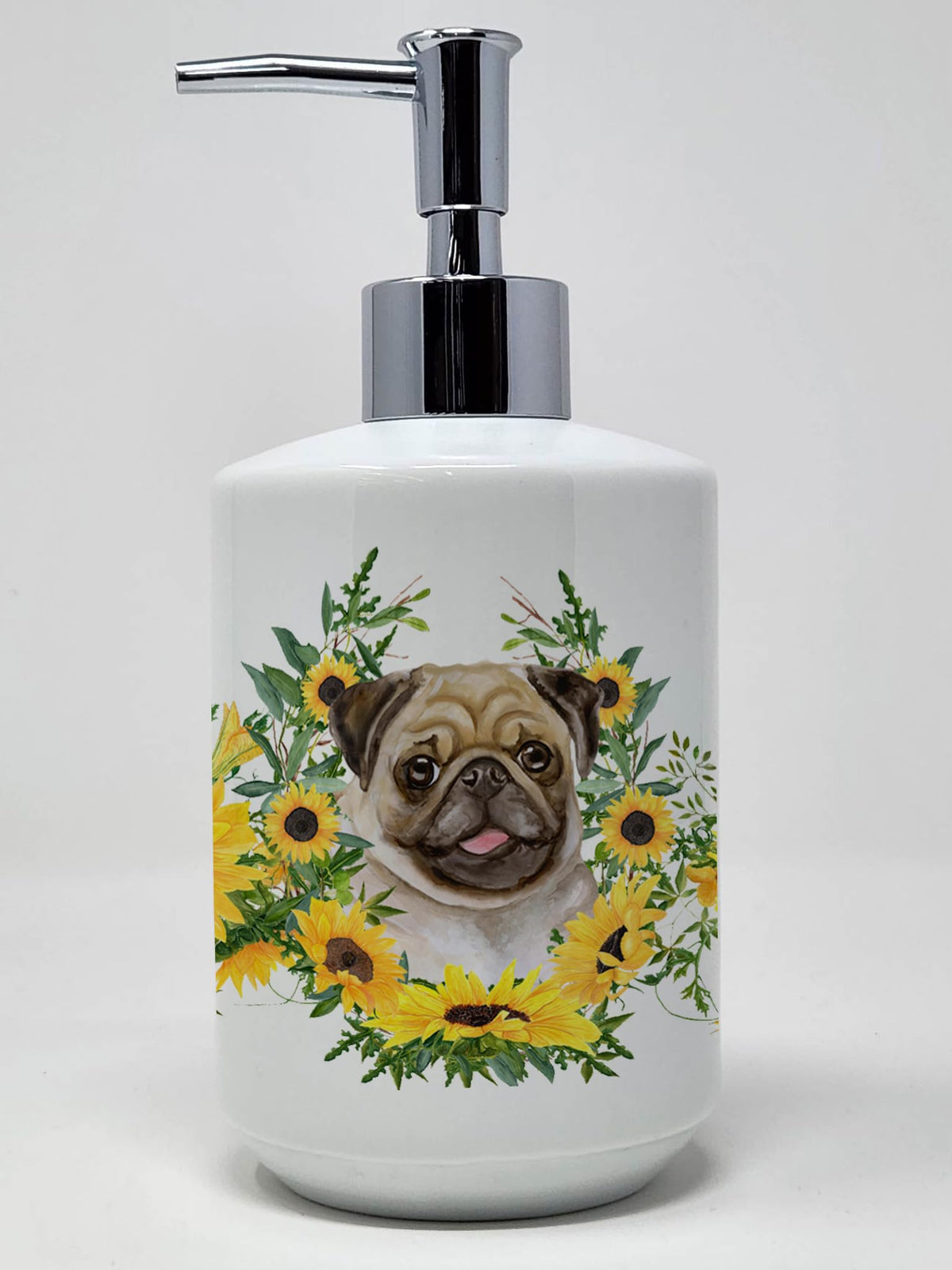 Caroline's Treasures CK2910SOAP Fawn Pug in Sunflowers Ceramic Soap Dispenser Hand Soap Dispenser Pump Bottles for Bathroom Kitc