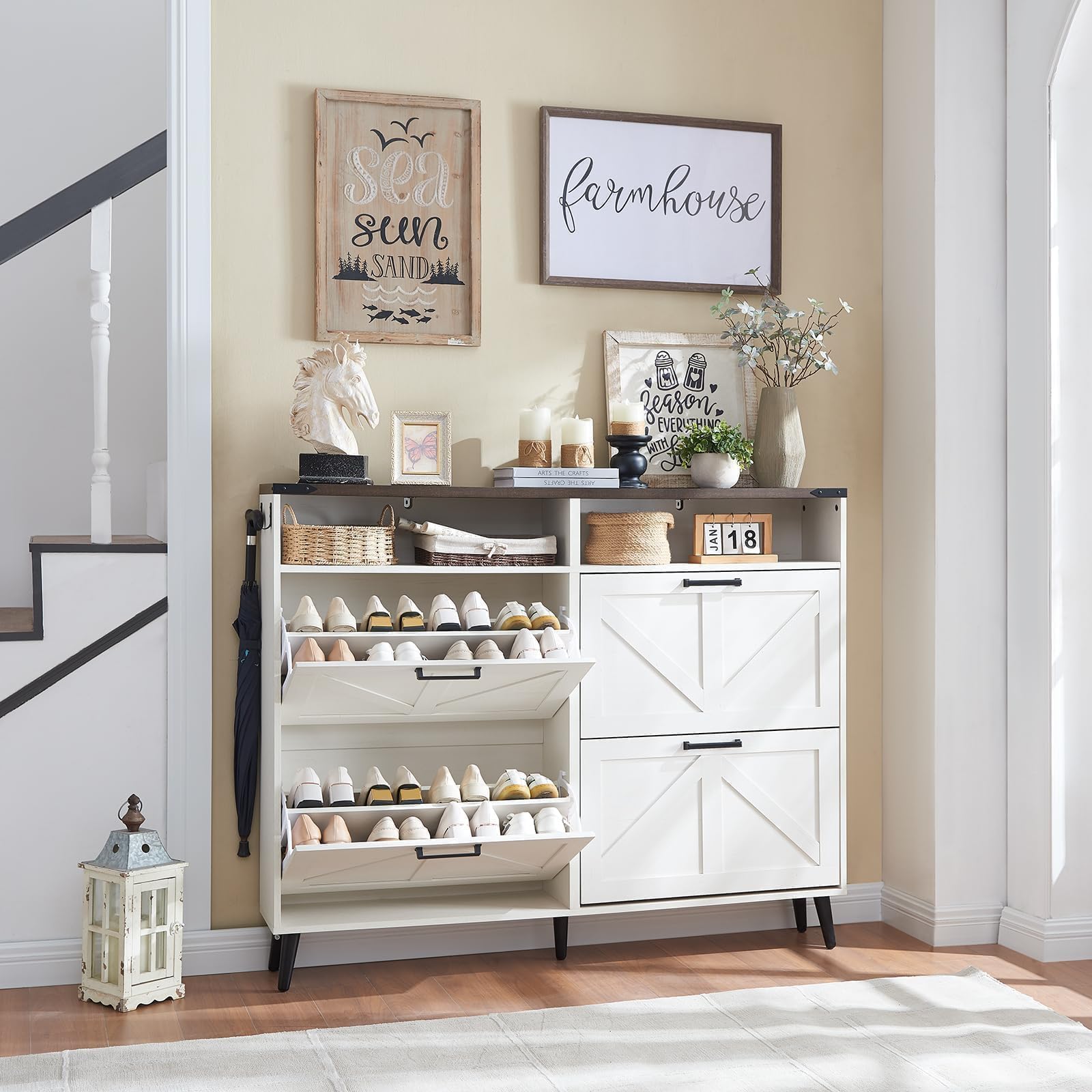 Barnyatoh Shoe Storage Cabinet,Farmhouse Shoe Organizer with 4 Flip Drawers & Barn Door Design,Freestanding Hidden Slim Narrow S