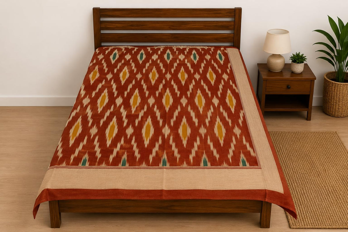 ACNS Pochampally Ikkat Hand Woven 100% Cotton Single Cot Bedsheet | No Pillow Covers