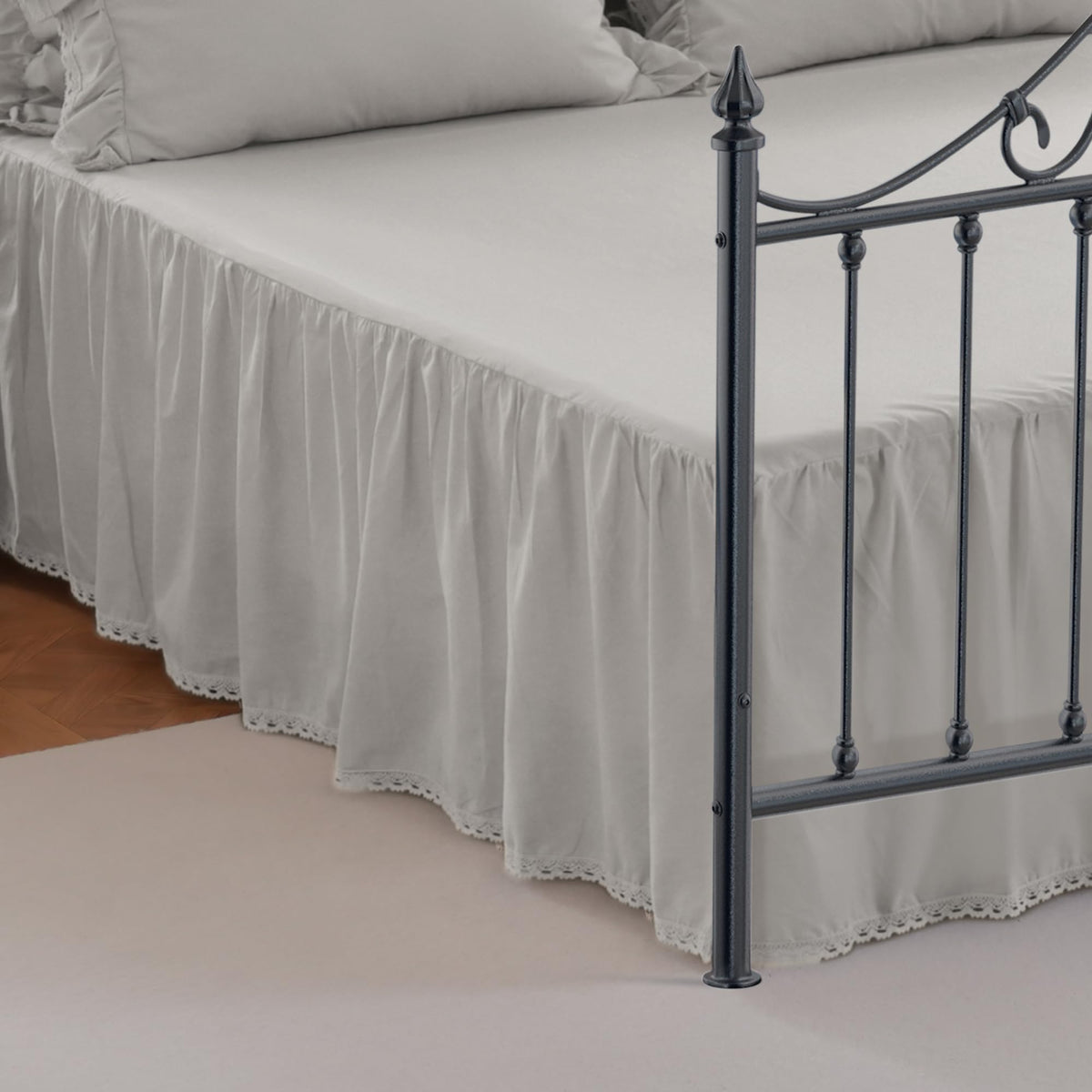 Vlocemon Queen Size 14-Inch Drop Light Grey Dust Ruffle, Lightweight 100% Cotton Bed Skirt, Crochet Edge, French Romantic Style