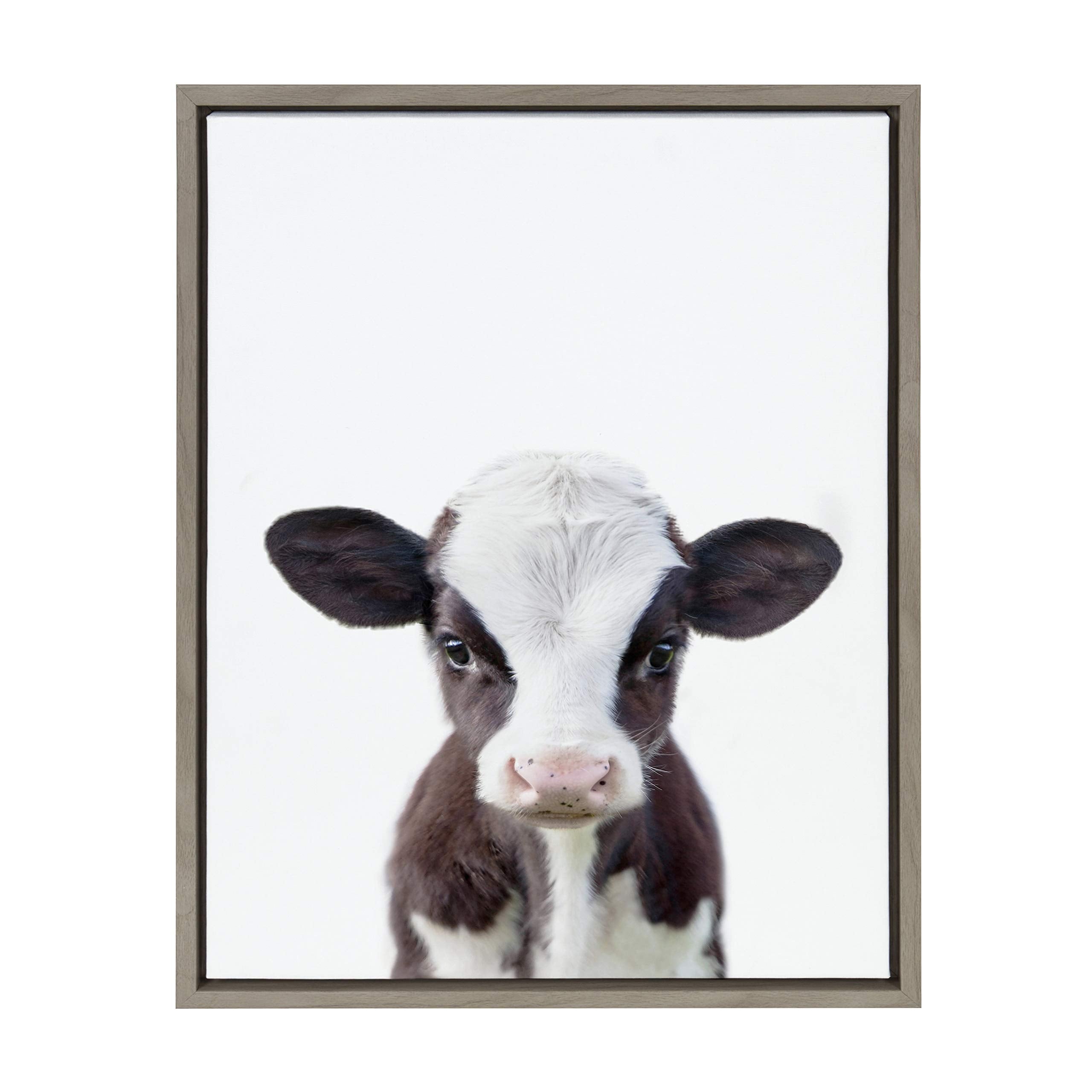 DesignOvation Sylvie Baby Cow Portrait Framed Canvas Wall Art by Amy Peterson, 18x24 Gray, Cute Baby Animal Home Decor for Livin
