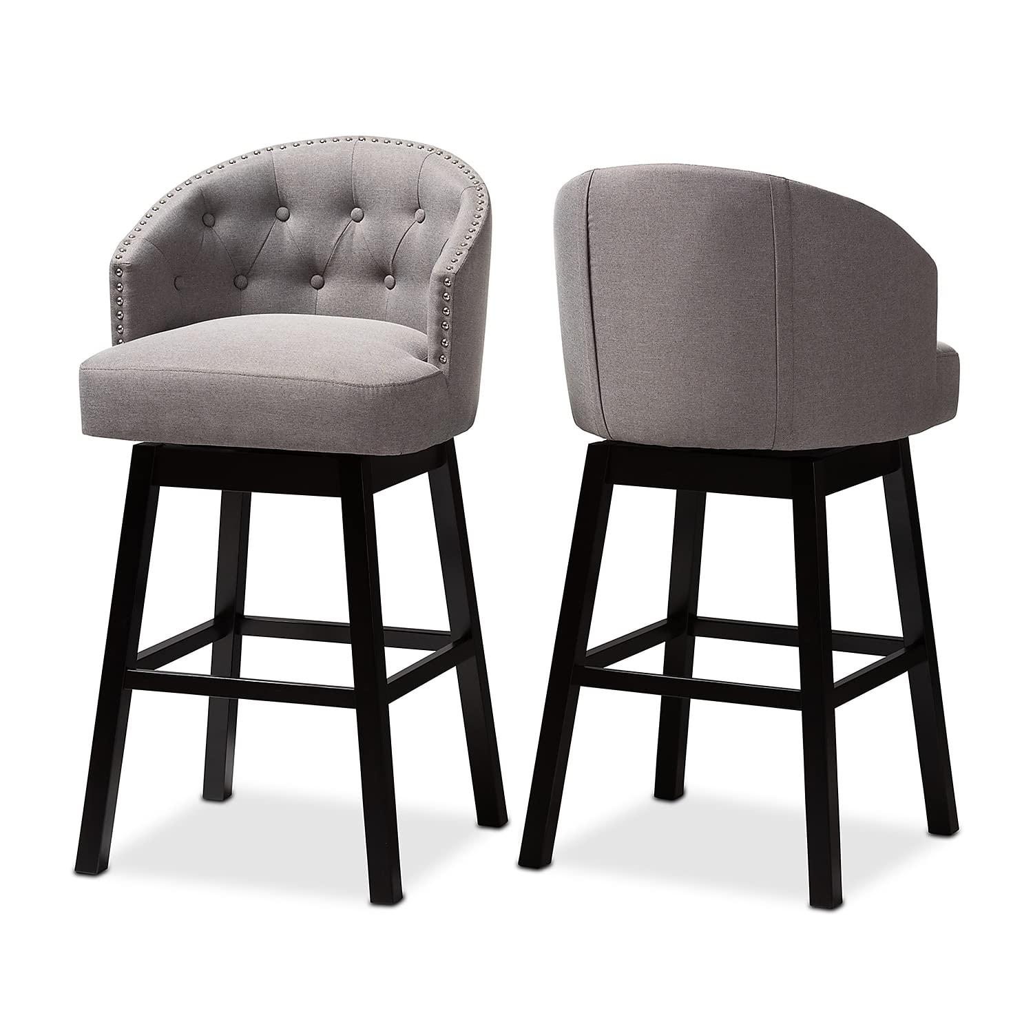 Baxton Studio Theron Traditional Fabric Bar Stool with Back, Gray and Espresso, 2-Pieces (152-2P-9115-HIT)