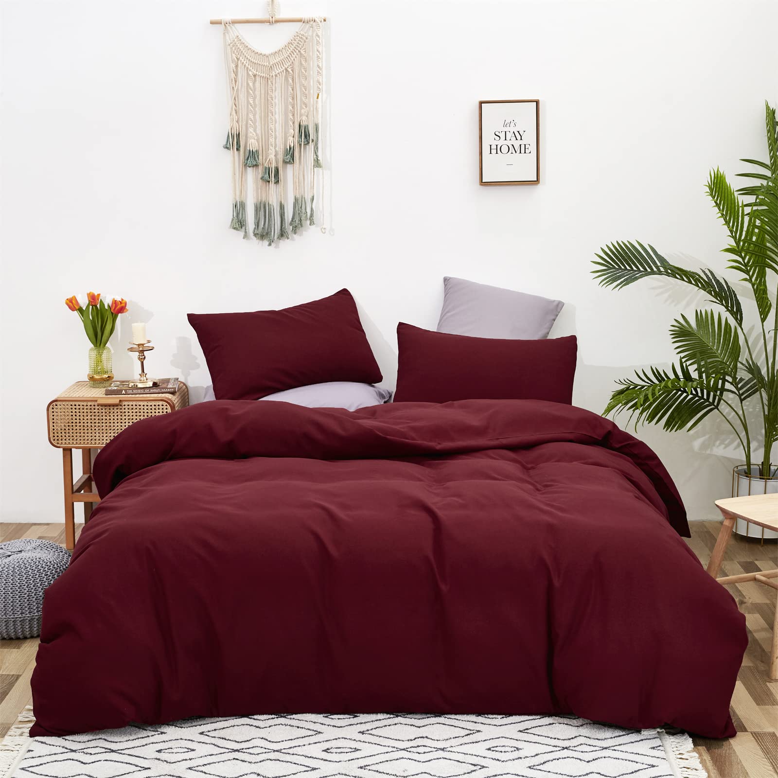KAREVER Burgundy Comforter Set King Size Dark Red Bedding Set Pure Burgundy Beddig Soft Durable Quilt Set Women Durable Lightwei