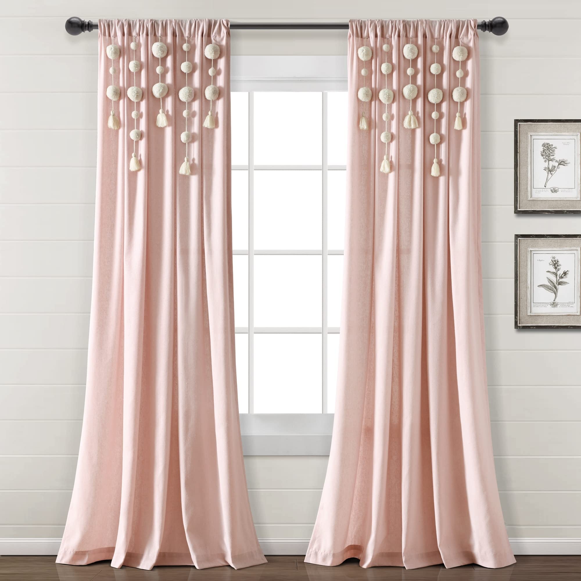Lush Decor Boho Pom Pom Tassel Linen Window Curtain Panel (Single Panel), 84 L x 52 W, Blush