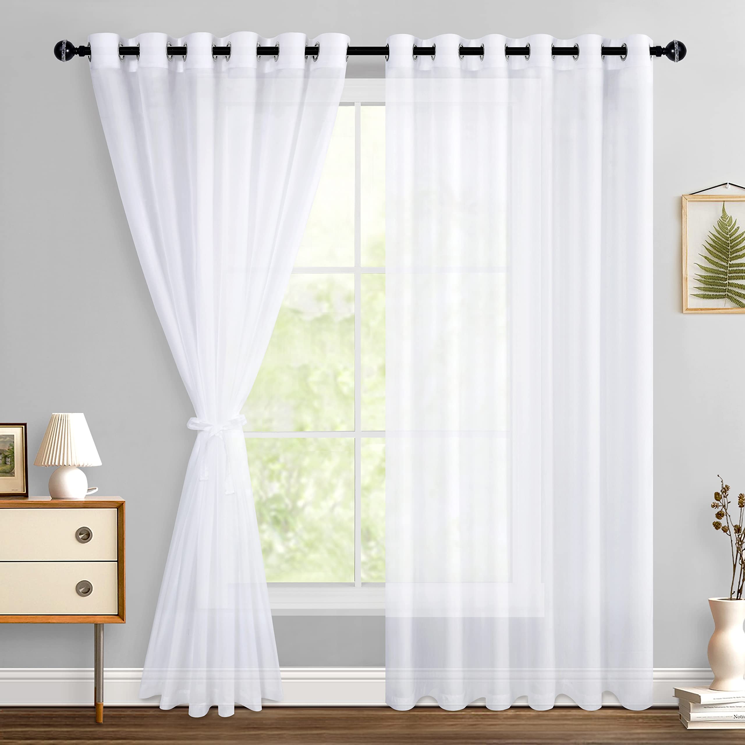 Hiasan White Sheer Curtains For Bedroom With Tiebacks, Grommet Light Filtering Extra Wide Voile Texture Window Curtains For Living Room, Kids' Room And Nursery, W70 X L84, 2 Soft Drape Panels