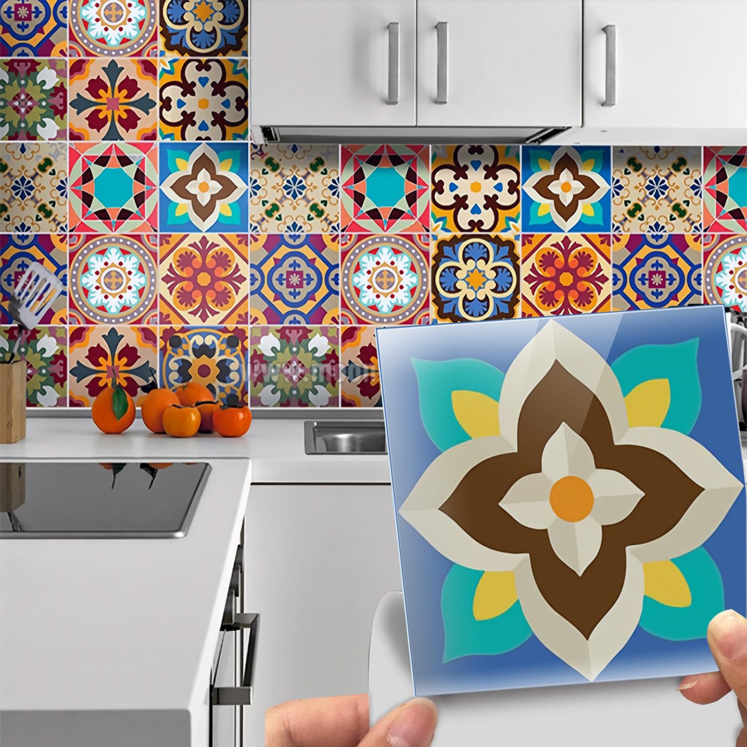 Easy Apply Just Peel and Stick Bohemian Moroccan Tile Decals 6X6/PC, 12PC/Pack (Bohemian Red)