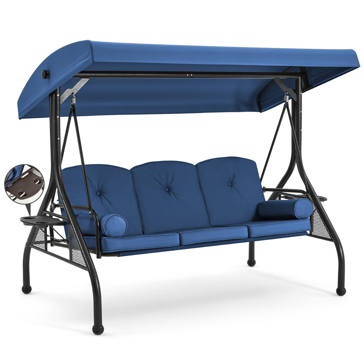 Homrest 3 Seat Outdoor Porch Swing With Adjustable Canopy, Convertible Patio Swing Bed With Stand, Patio Glider Swing With Upgraded Cup Holder, Thicken Cushions & Pillow For Backyard (Blue)