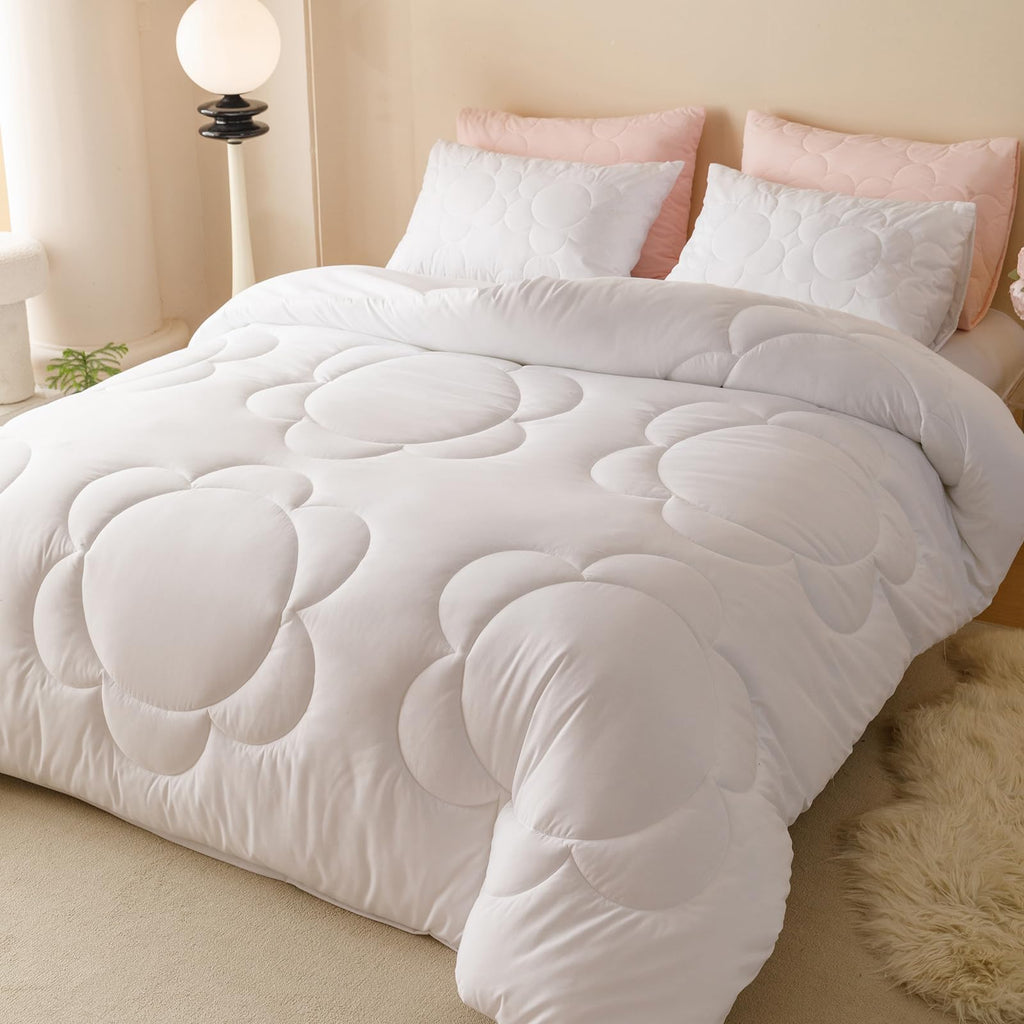 Luxlovery White Sunflower Comforter Set Queen Plain White Boho Farmhouse Quilts Floral White Bedding Comforter Set Soft Breathab