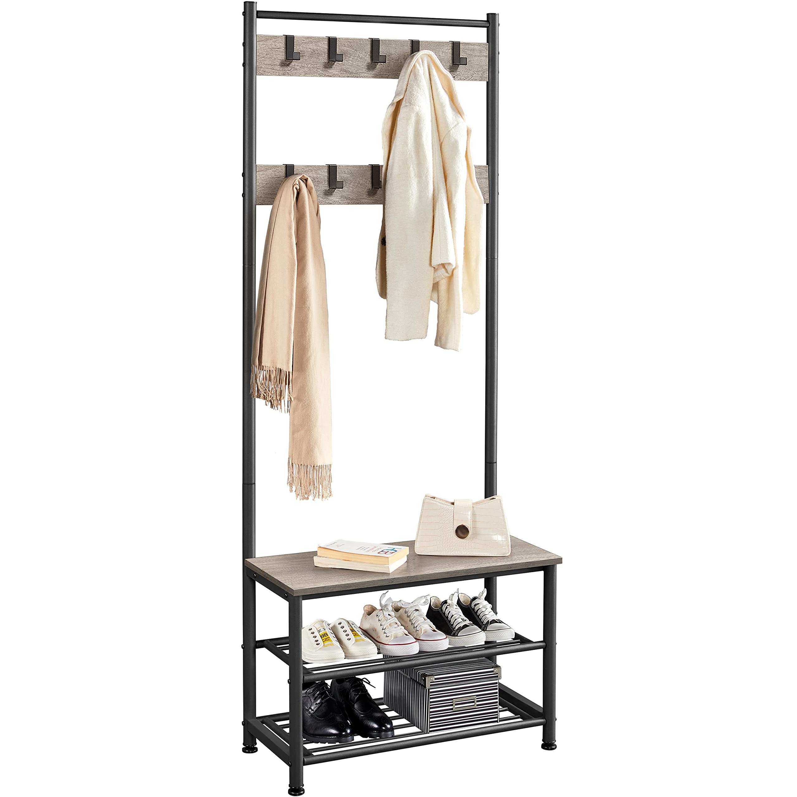 Yaheetech 3-In-1 Hall Tree Coat Rack with Shoe Storage Bench, Entryway Coat Rack Shoe Bench with 9 Movable Hooks, Industrial Acc