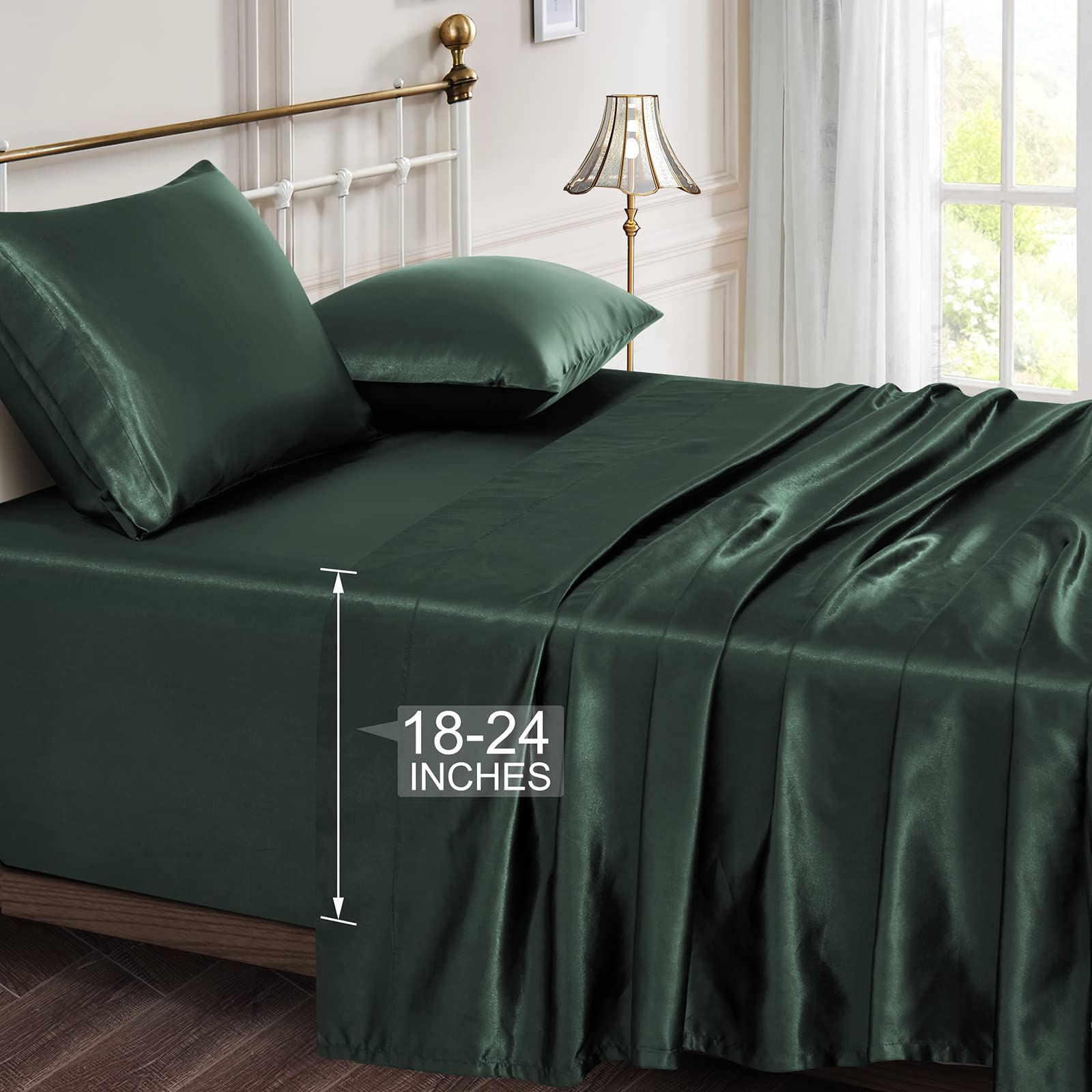 Vonty Satin Sheets Extra Deep Pocket King Size Sheets - Cooling & Silky Satin King Sheets Set With 18-24 Inch Deep Pocket, Fores