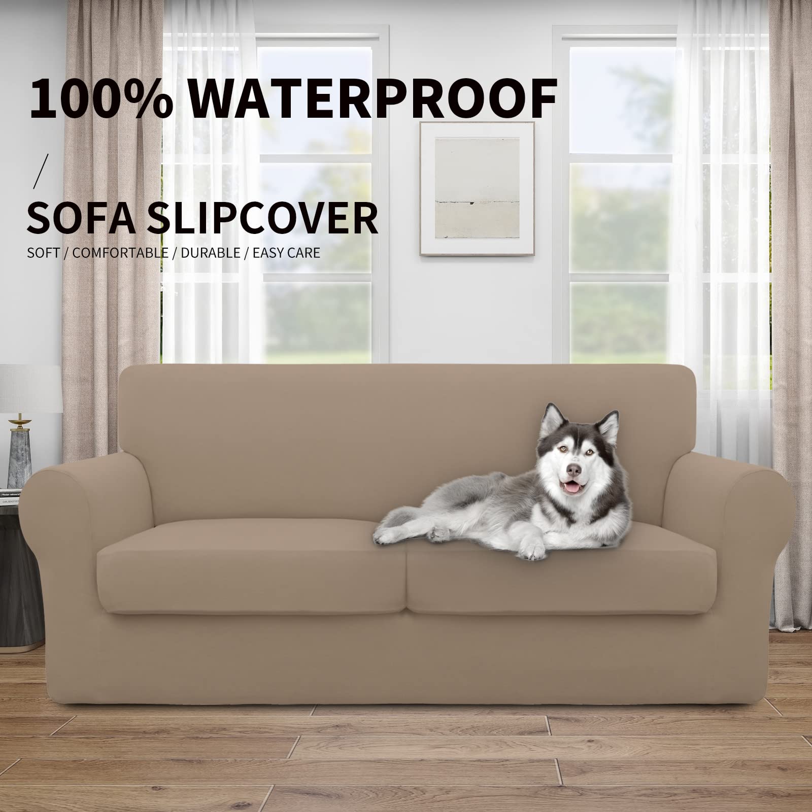 Easy-Going 100% Dual Waterproof Oversized Loveseat Cover Stretch Soft Couch Cover For Dogs, Sofa Slipcover For 2 Separate Cushion Couch Leakproof Furniture Protector For Kids, Pets Camel