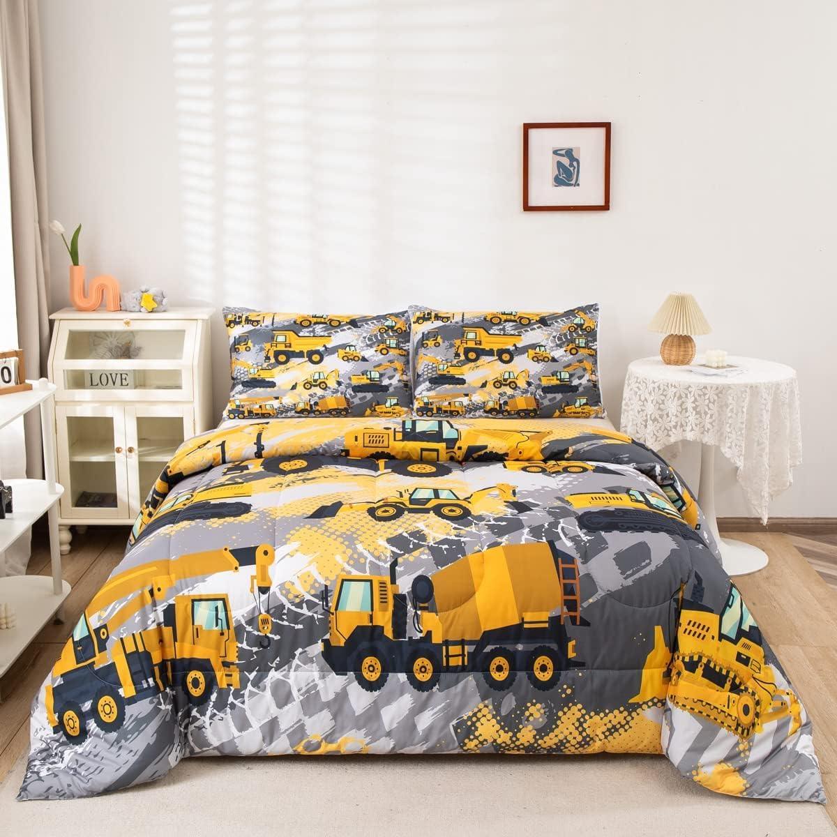 Feelyou Kids Construction Comforter Set Toddler Size Bedding Sets For Boys Children Cartoon Excavator Tractor Comforter Set Cons