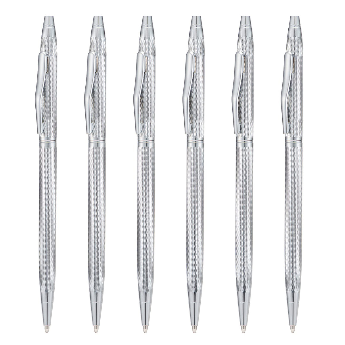 Wikult 6 Pack Silver Slim Metal Ballpoint Pen, 1Mm Medium Point Black Ink Smooth Writing, For Business Office Teacher Student We