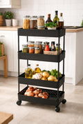 DillardS 4Tier Rolling Storage Cart, Black, Plastic, Modern Industrial Style, With Wheels, Kitchen Organiser For Pantry And Ve
