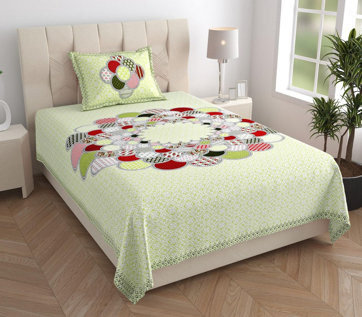 AC FASHION Rajasthani Jaipuri Traditional Sanganeri Chakri Print 144 TC 100% Cotton Single Size Bedsheet with one Pillow Covers