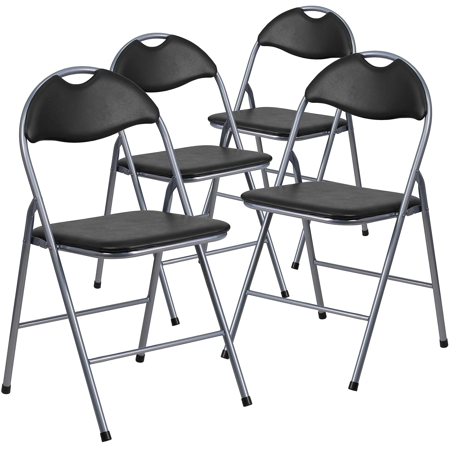 4 Pk. HERCULES Series Black Vinyl Metal Folding Chair with Carrying Handle