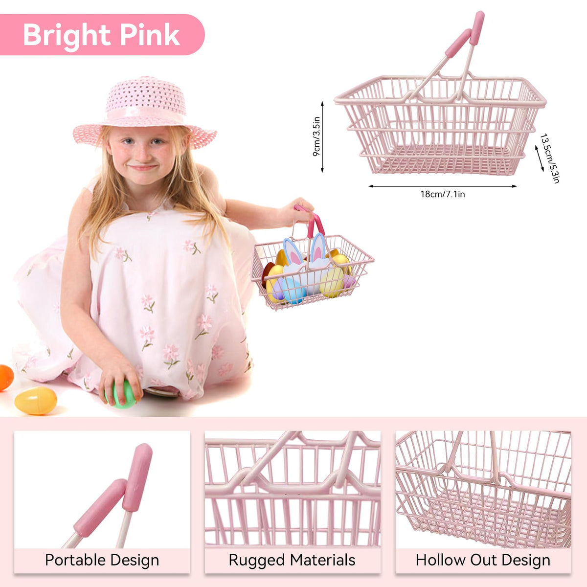 Cyrank Mini Pink Shopping Basket For Kids, Portable Iron Storage Basket With Handles, Good Decoration For Home