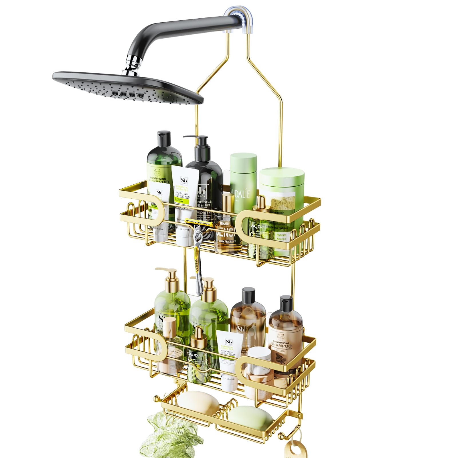 HapiRm Shower Caddy over Shower Head with 2 Soap Holders, Rustproof & Waterproof Hanging Shower Organizer with 12 Hooks, No Dril