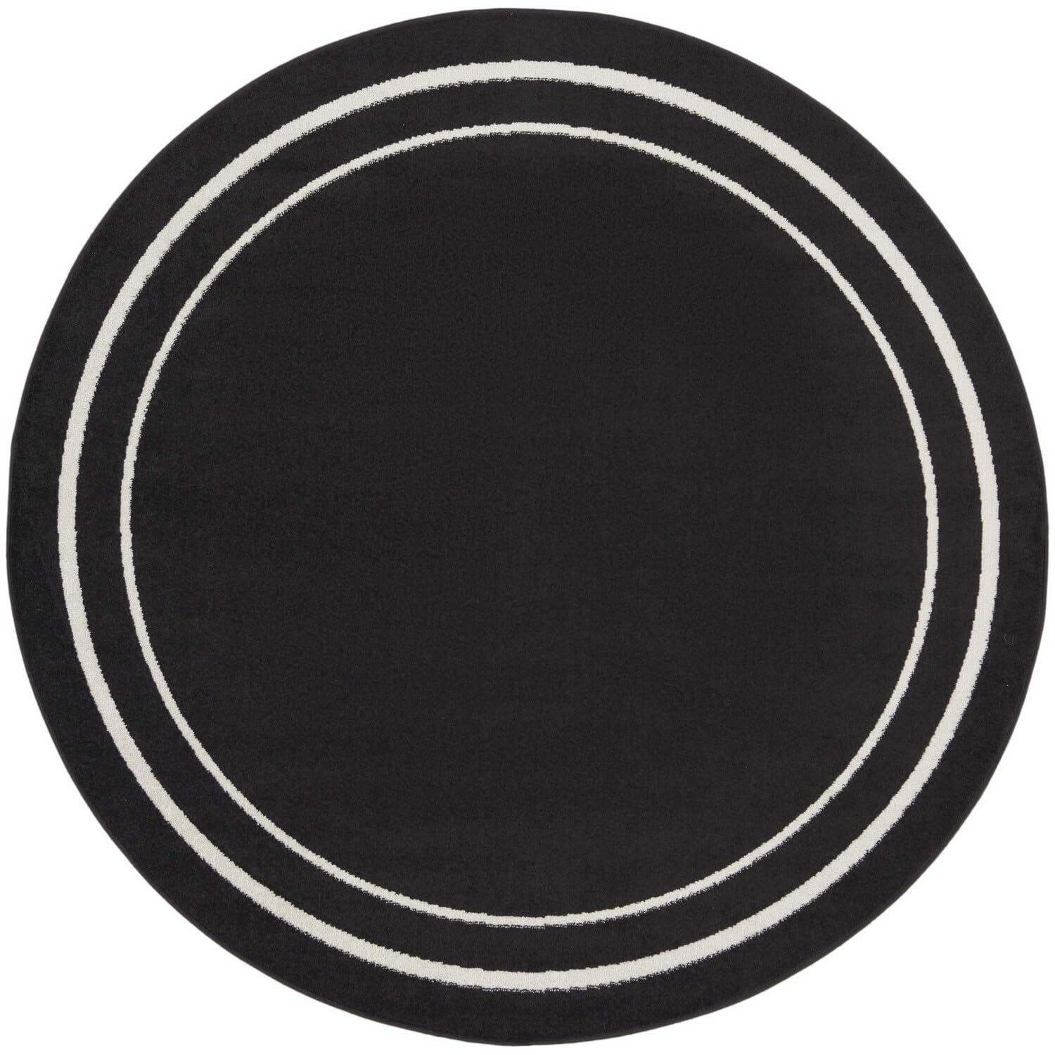 Nourison Essentials Indoor/Outdoor Solid Bordered Black Ivory 6' X Round Area Rug, Easy Cleaning, Non Shedding, Bed Room, Living
