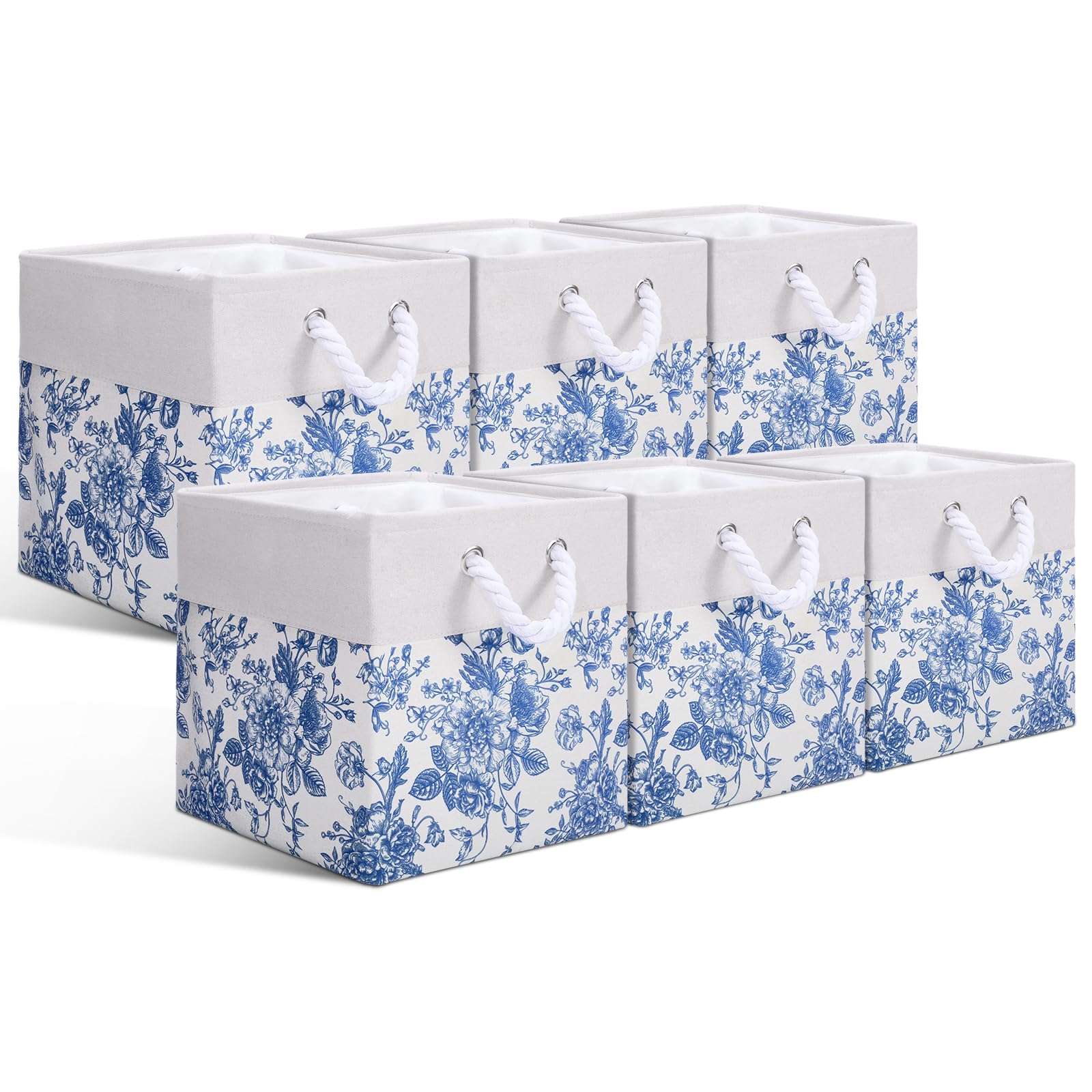 LemonRoad 6 Pcs Blue Floral Cube Storage Bins 11.22 Inch Square Storage Basket with Handle, Preppy Girls Organizer Basket, Colla