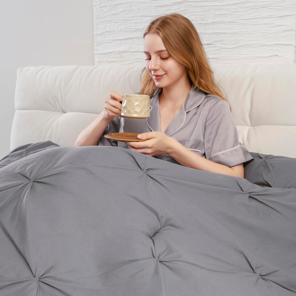 Downcool King Size Comforter Set - Grey Comforter King Size, Pintuck 3-Piece Bedding Comforter Sets, 1 Pinch Pleated Comforter &