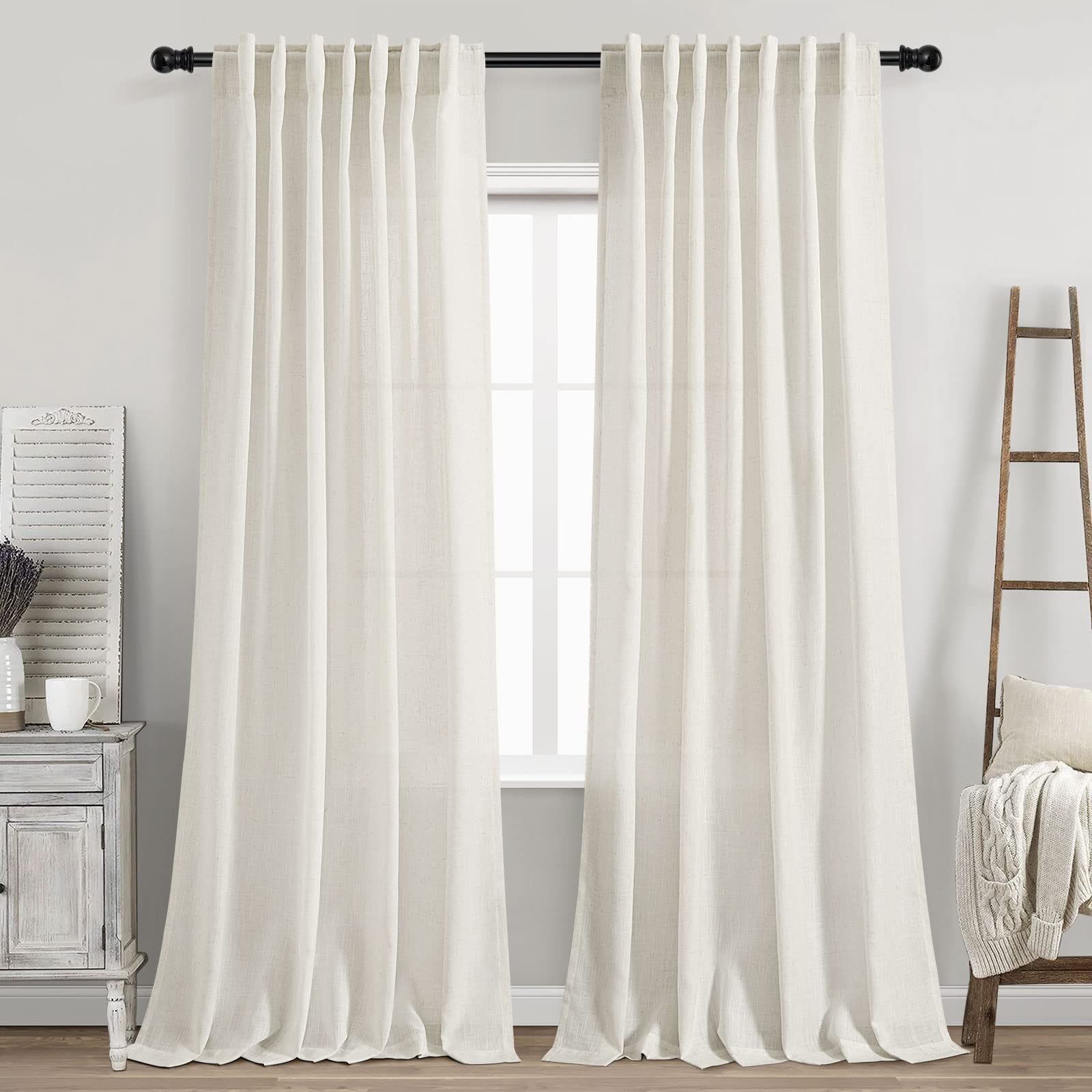 Cream Natural Linen Curtains 92 Inch Length 2 Panels Set For Living Room Pocket Back Tab Pinch Pleated Window Curtain Drapes Neu