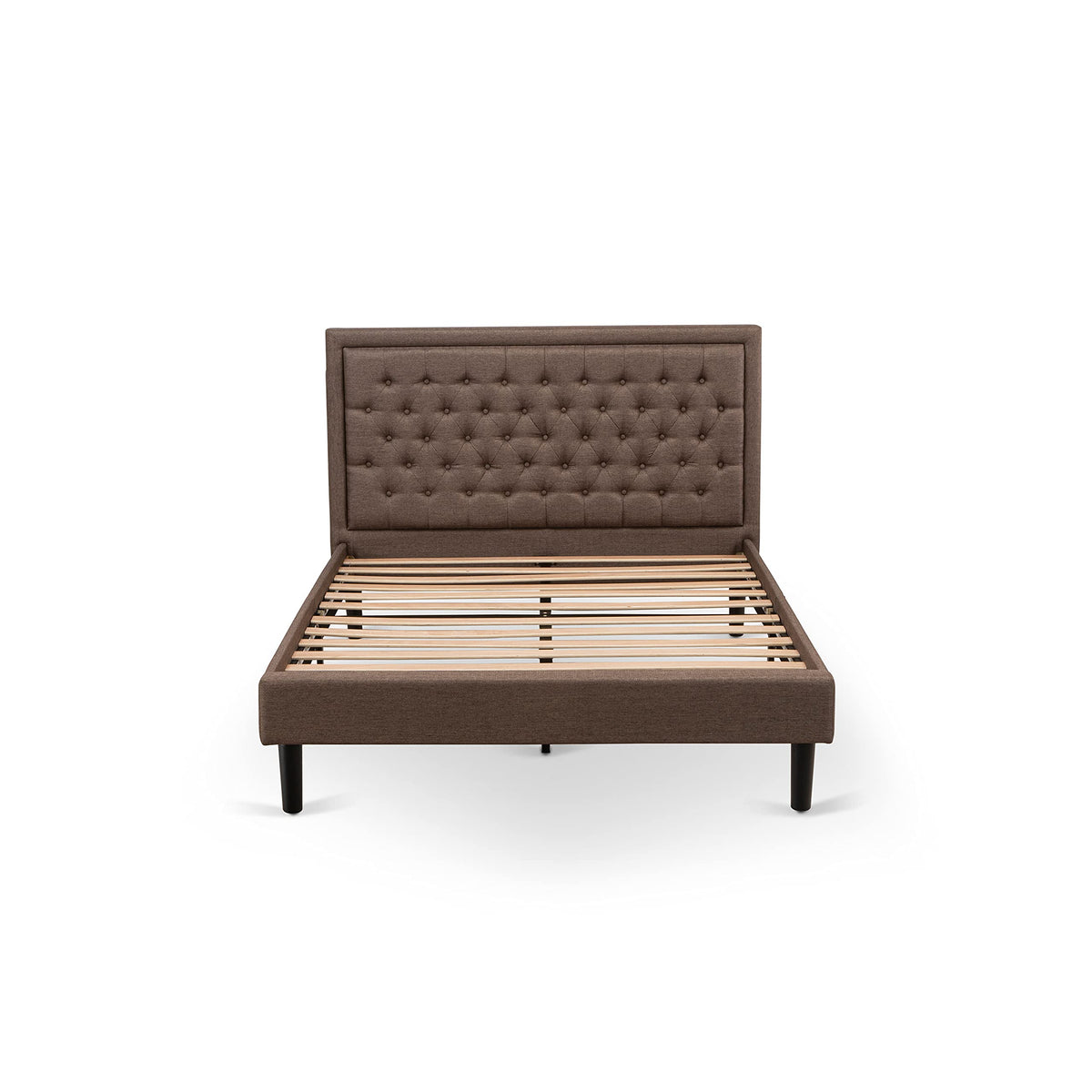 East West Furniture KDF-18-Q Platform Queen Bed Frame - Brown Linen Fabric Upholstered Bed Headboard with Button Tufted Trim Design - Black Legs