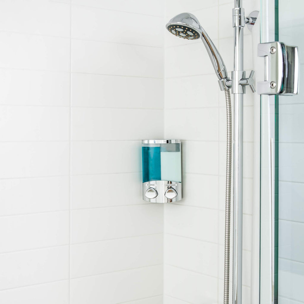 Better Living Products Duo Shower Dispenser 2, Shampoo And Soap Dispenser, 2 X 10.5 Fl. Oz. Chrome, 4.75' X 3.13' 7.75'