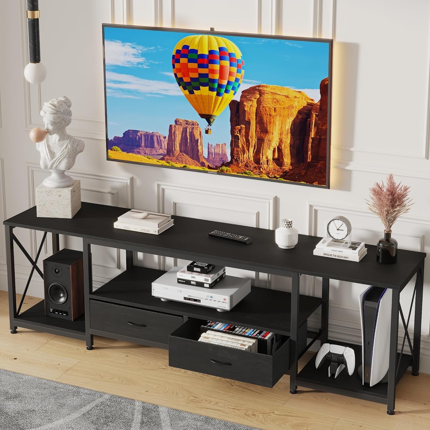 GYIIYUO TV Stand with Fabric Drawer for 50 55 Inches TV - Entertainment Center and Industrial TV Console Table with Open Storage