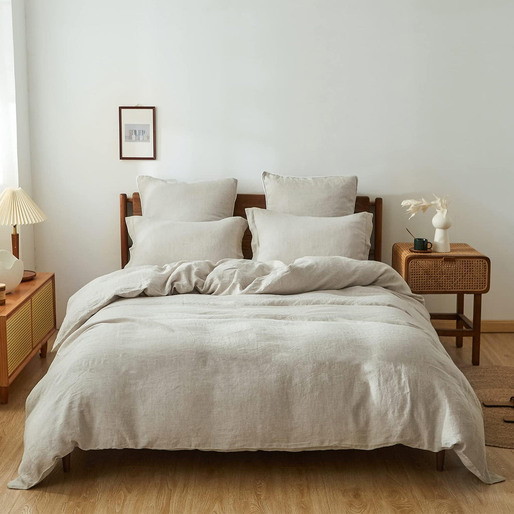 Simple&Opulence 100% Linen Duvet Cover Set with Washed-French Flax-3 Pieces Solid Color Basic Style Bedding Set-Breathable Soft 