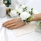 Meldel White Ivory Rose Wrist Corsage, Set Of 6, Wedding Bridal Flower Corsage Hand Decor For Prom Party Homecoming, Wristband F