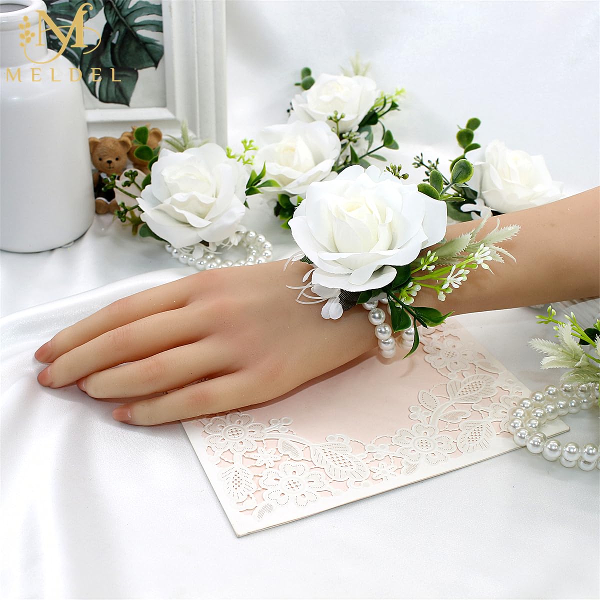 Meldel White Ivory Rose Wrist Corsage, Set Of 6, Wedding Bridal Flower Corsage Hand Decor For Prom Party Homecoming, Wristband F
