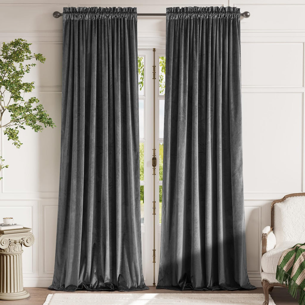 Lazzzy Velvet Grey Blackout Curtains 96 Inches Long Thermal Insulated Drapes For Bedroom Living Room Darkening Window Treatments Rod Pocket 2 Panels, W62 X L96