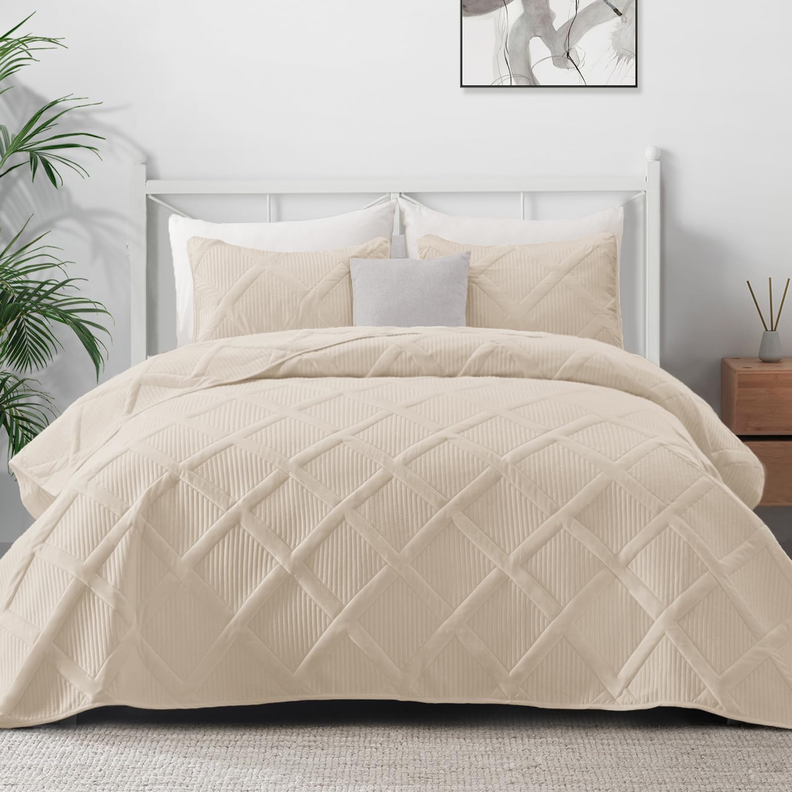 Exclusivo Mezcla Quilt Set Full Queen Size, 3 Pieces Brich Beige Queen Quilt Bedding Set, Lightweight Quilts Soft Bedspreads Mod