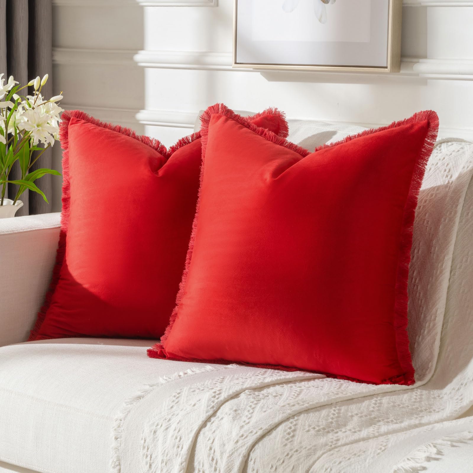 Futei Red Boho Throw Pillow Covers With Tassels 18X18 Inch Set Of 2,Soft Velvet Decorative Cushion Case,Home Decor For Couch Bed