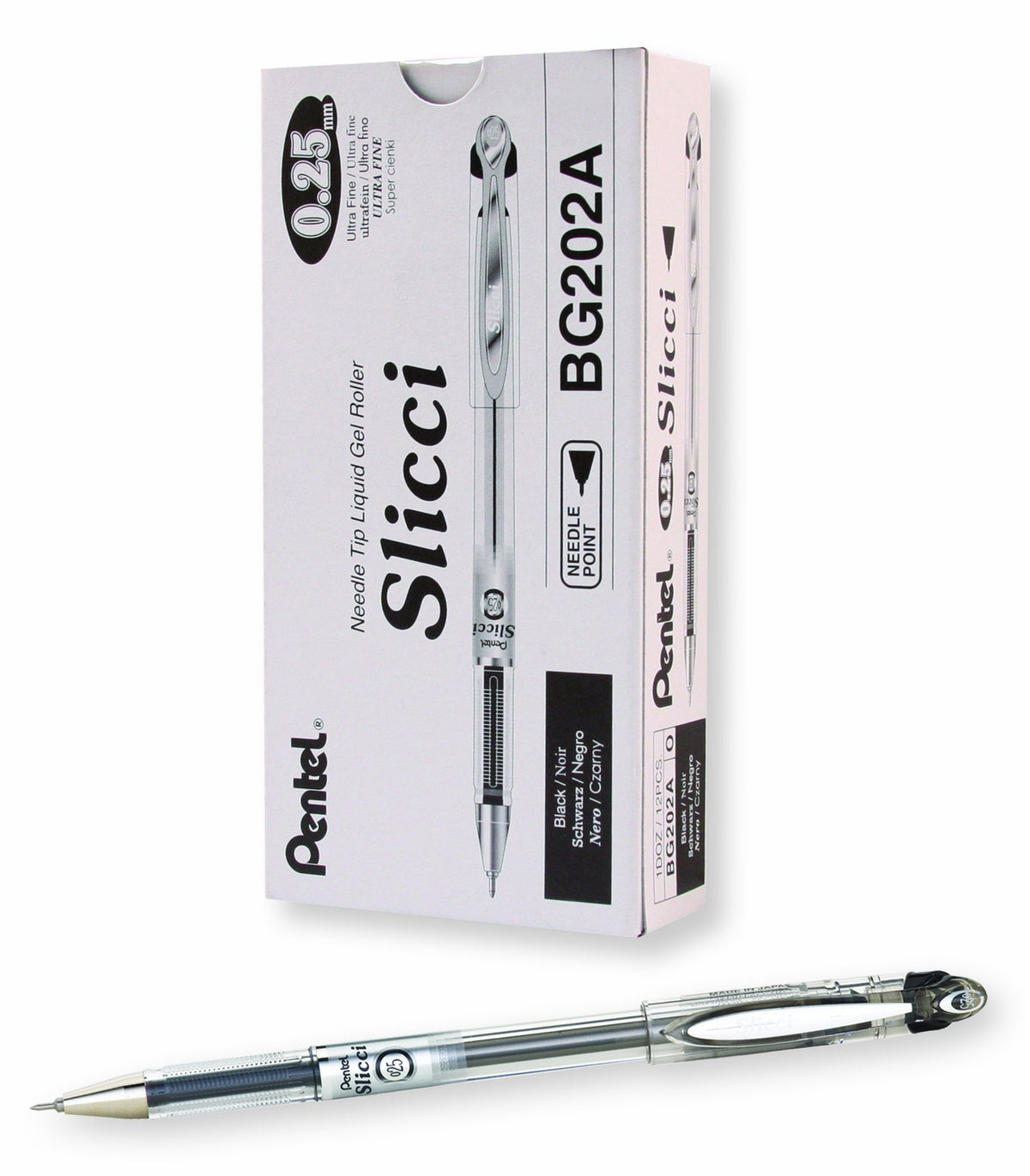 Pentel Arts Slicci 0.25 Mm Extra Fine Gel Pen, Black Ink, Box Of 12 (Bg202-A)