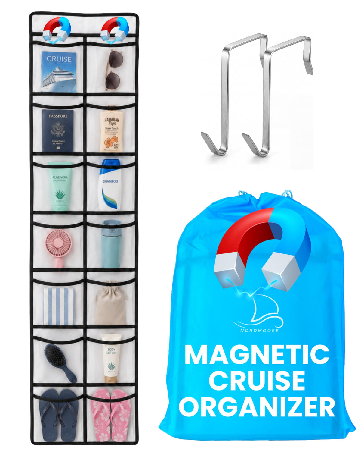 Magnetic Cruise Organizer 14 Pockets, 61 x 11,4 With Pocket Size 7 x 5,3  Over The Door Organizer For Cruise Ships, Magneti