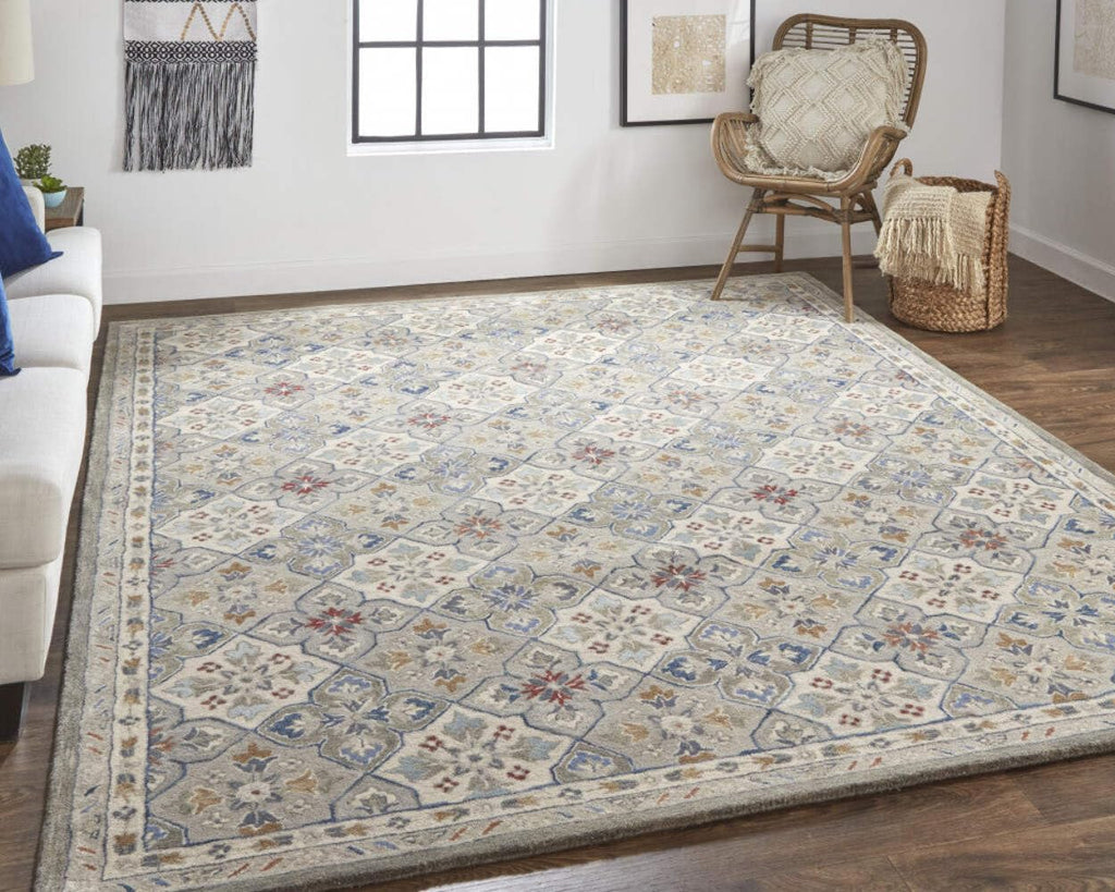 HomeRoots 514800 8 x 10 ft. Taupe Ivory & Red Wool Patchwork Hand Tufted Handmade Stain Resistant Rectangle Area Rug
