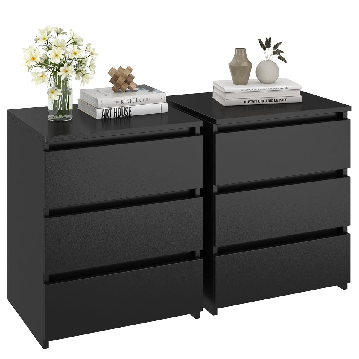 FOTOSOK Nightstands Set of 2 Black Nightstand with 3 Drawers, Black Bedside Table Night Stand for Bedroom with Cut-Out Handle, S