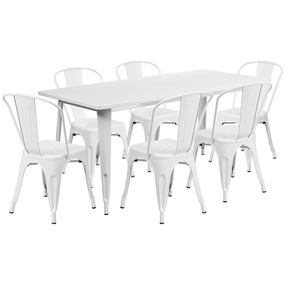 Flash Furniture Commercial Grade 31.5" x 63" Rectangular White Metal Indoor-Outdoor Table Set with 6 Stack Chairs