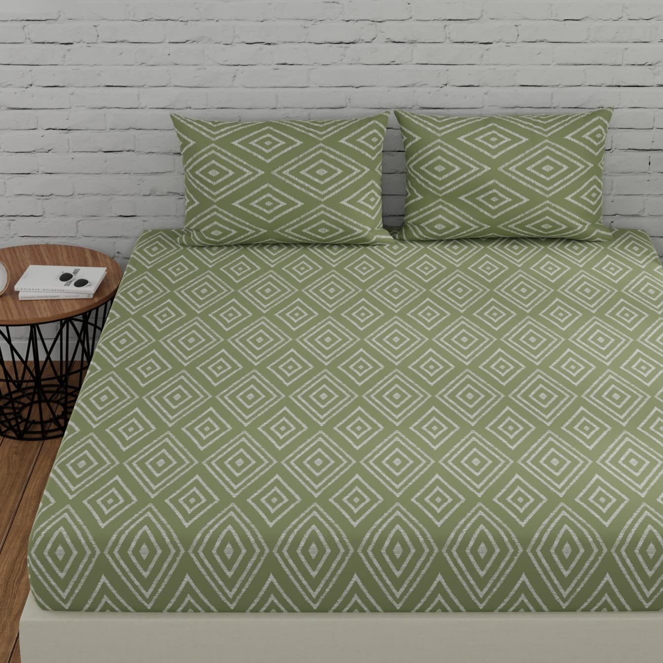 Huesland By Ahmedabad Cotton 144 Tc Cotton Fitted Bedsheets King Size With 2 Pillow Covers | 6Ft X 6.5Ft | Sage Green