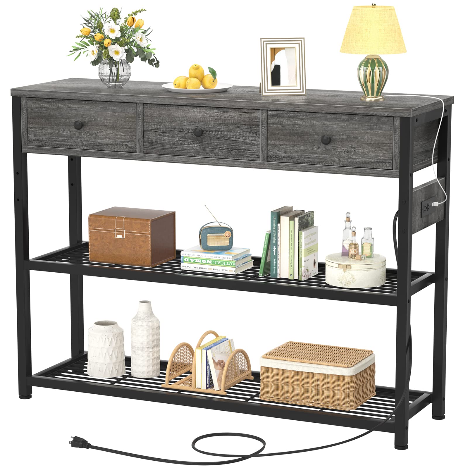 Ecoprsio 47   Entryway Table with Outlets and USB Ports, Console Table with 3 Drawers, Sofa Table Narrow Long with Storage She