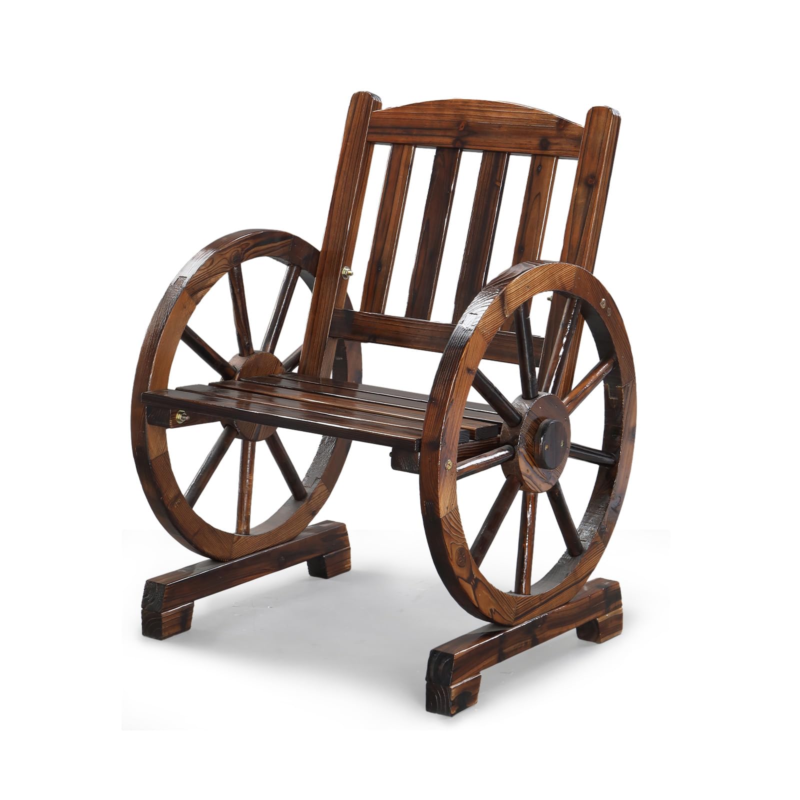 VINGLI Rustic Wooden Patio Chair with Wagon Wheel Armrests, Outdoor Dining Chairs Solid Wood Frame Seating for Farmhouse Garden 