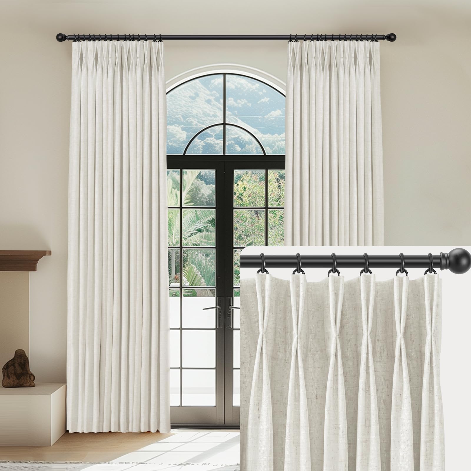 Capaloca Beige White Linen Pinch Pleated Curtains Blackout 100% Black Out Curtains 96 Inches Long 2 Panels Pinch Pleat Curtains