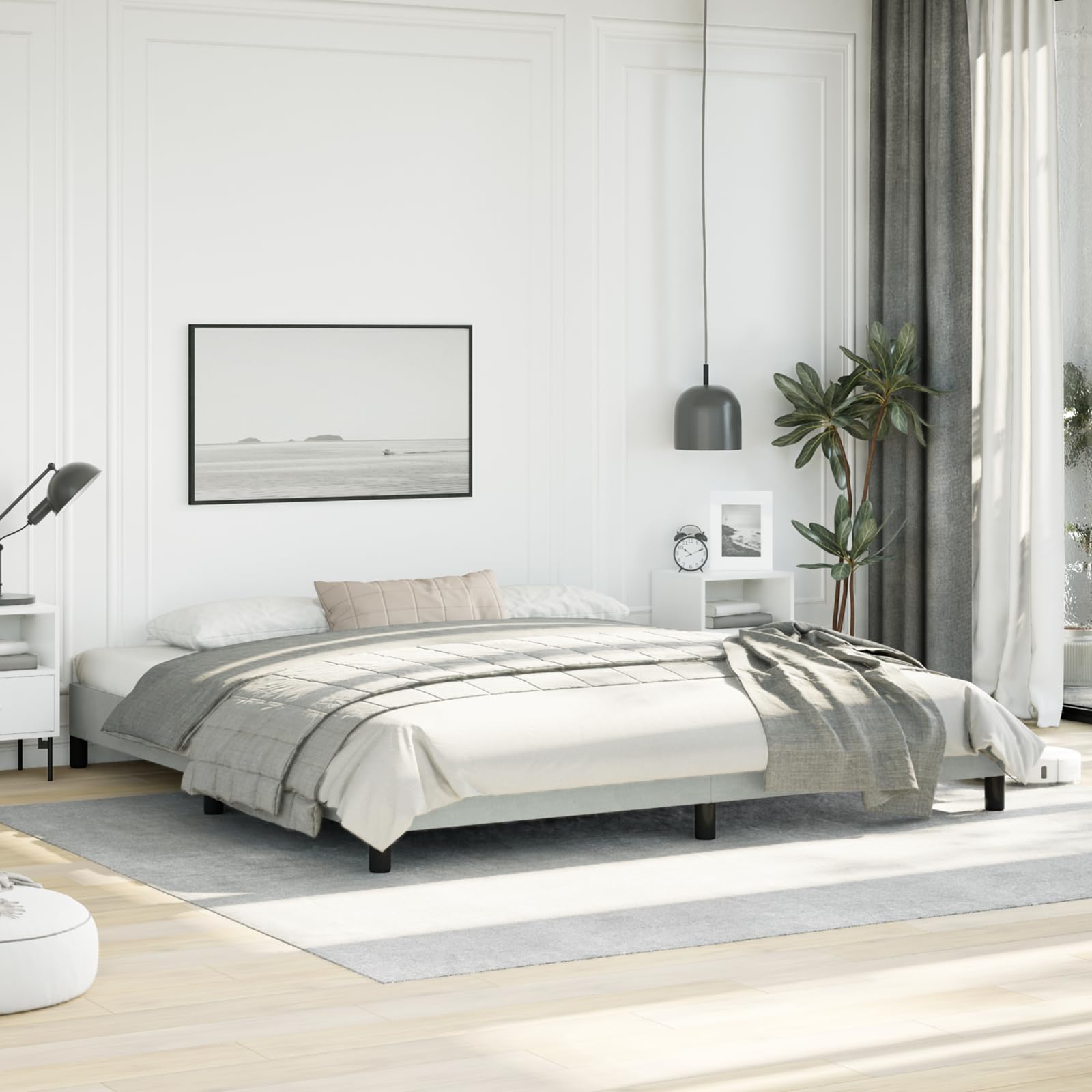 vidaXL King Size Bed Frame with Plywood Slats, Platform Bed Frame, Velvet Upholstered Mattress Foundation, No Box Spring Needed & Easy Assembly, Light Gray, Without Mattress