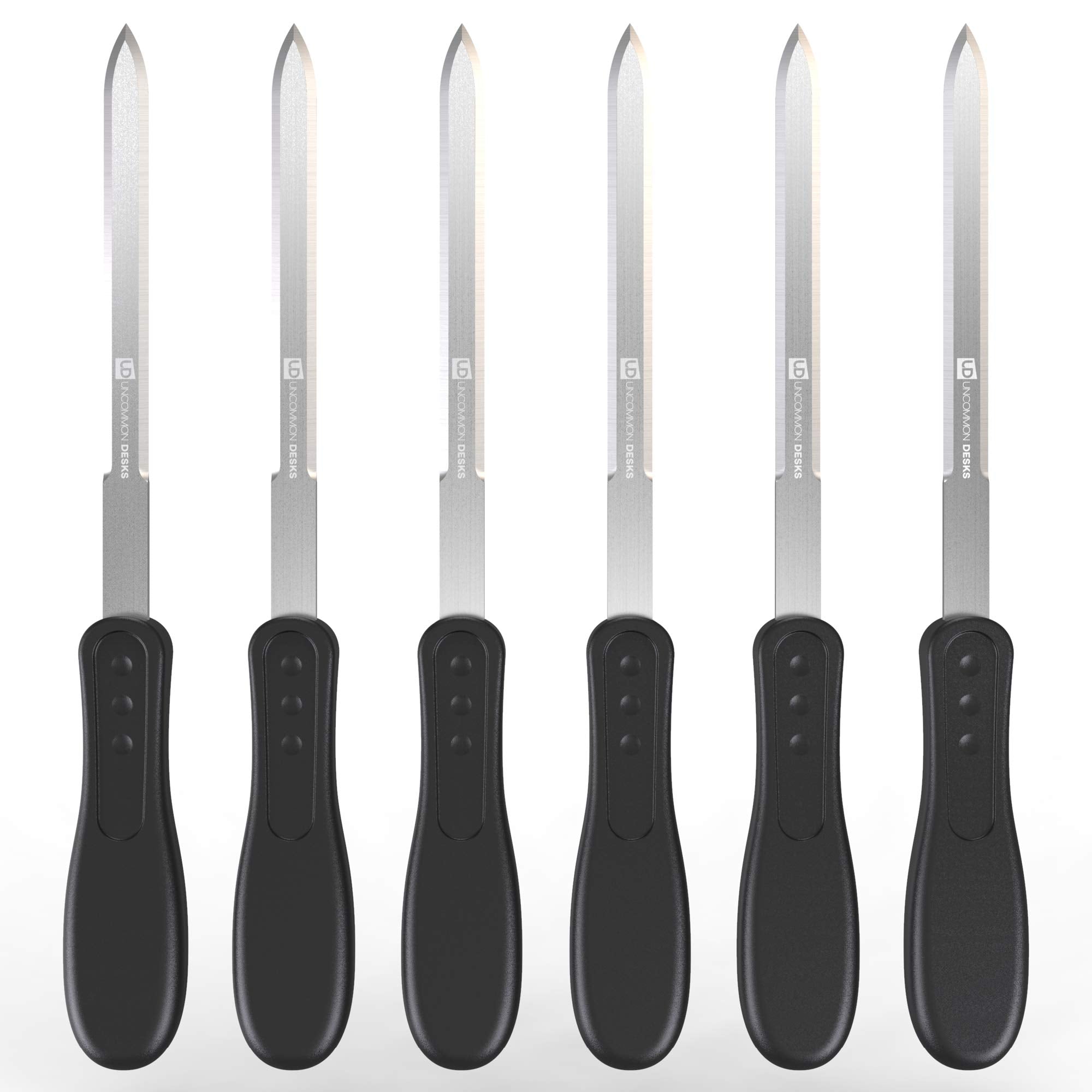 Uncommon Desks Office Letter Opener - Stainless Steel Knife-Edge Blade, Ergonomic Grip Handle (Black, 6 Pieces)