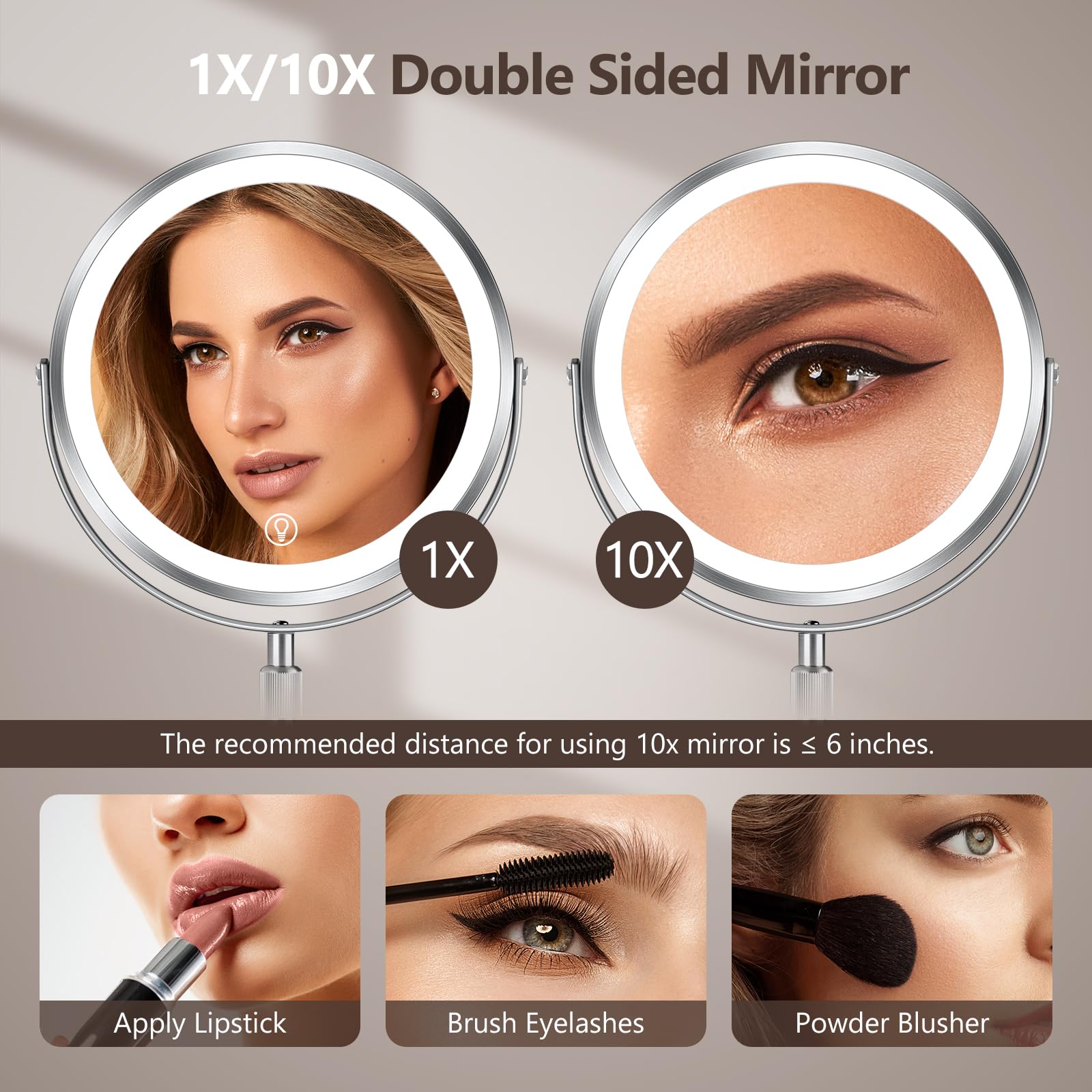 10X Large Lighted Makeup Mirror, Rechargeable 8' Height Adjustable Vanity Mirror, 1X/10X Magnifying Mirror With 3 Color, Bright