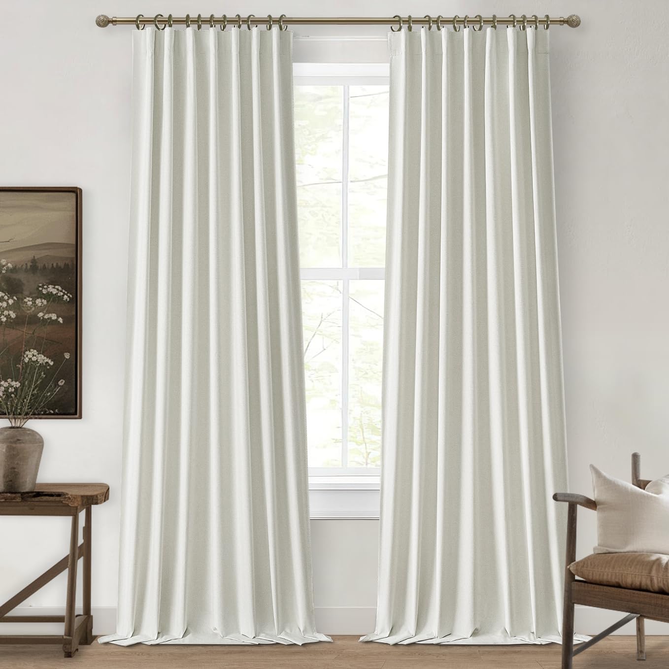 Beige White Linen Curtains 92 Inches Long 2 Panels Set, Modern Neutral Nursery Blackout Curtains for Kids Bedroom Thermal Drapes